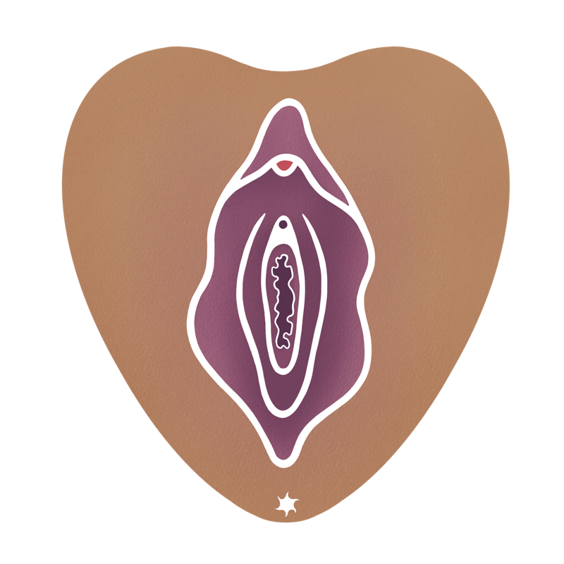 Ansicht einer Vulva in mittlerer Hautfarbe und lilafarbenen Vulvalippen. Die Vulvalippen sind geöffnet, sodass das Hymen und die Eingänge zu Vagina und Harnröhre erkennbar sind.