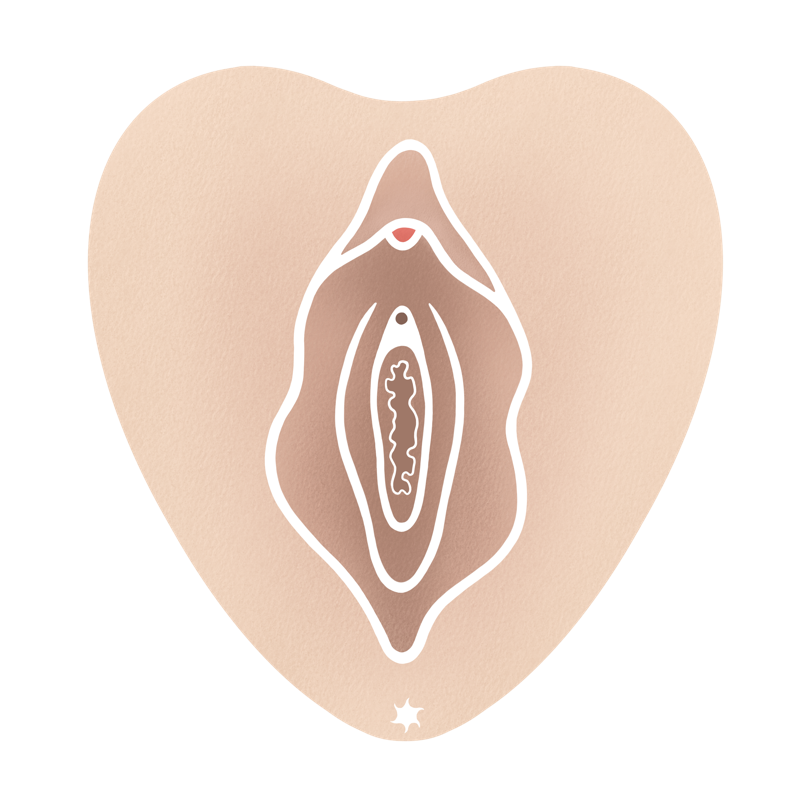 Ansicht einer Vulva in heller Hautfarbe und bräunlichen Vulvalippen. Die Vulvalippen sind geöffnet, sodass das Hymen und die Eingänge zu Vagina und Harnröhre erkennbar sind.