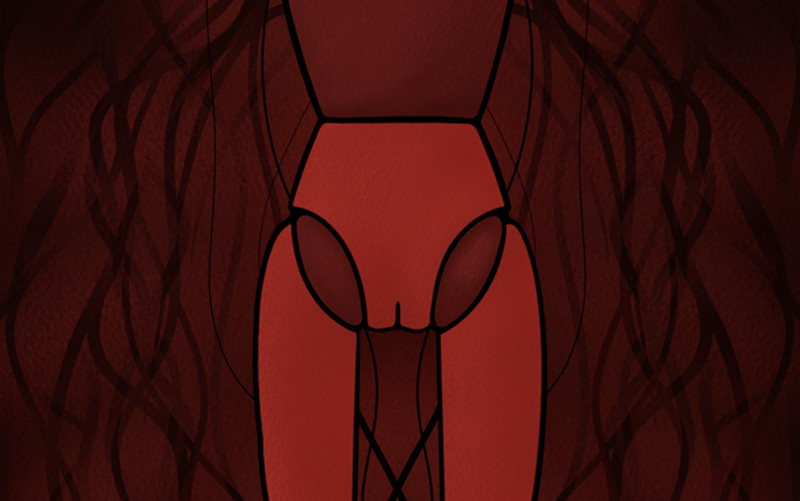 Das Bild zeigt den nackten Unterleib einer Barbiepuppe und ihrer nicht vorhandenen Vulva im Barbie-Look. Das Bild ist im Dark-Novel-Stil illustriert